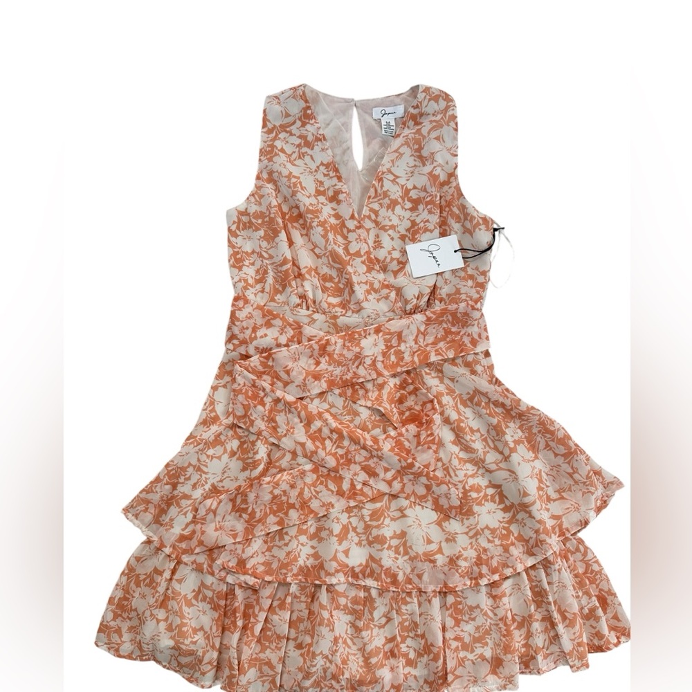 Japna Peach Floral Print V-Neck Tiered Ruffle Hem Sleeveless Dress Size M NWT - Picture 7 of 17